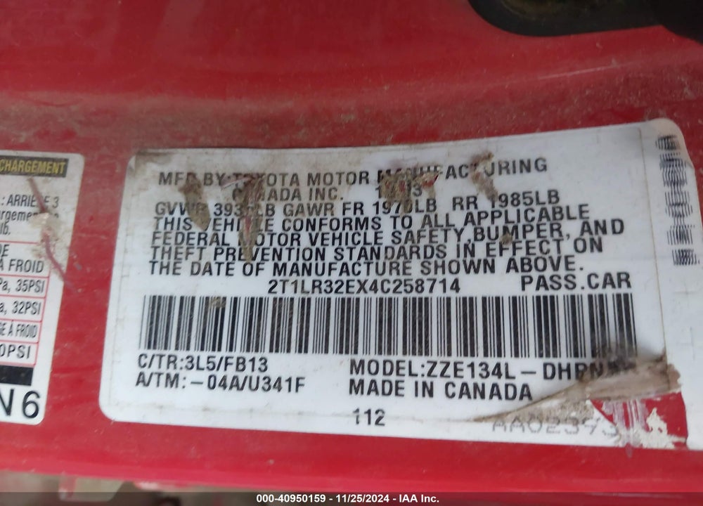 2004 TOYOTA MATRIX/XR VIN: 2T1LR32EX4C258714