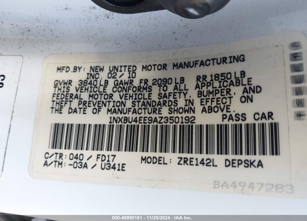 2010 TOYOTA COROLLA S VIN: 1NXBU4EE9AZ350192