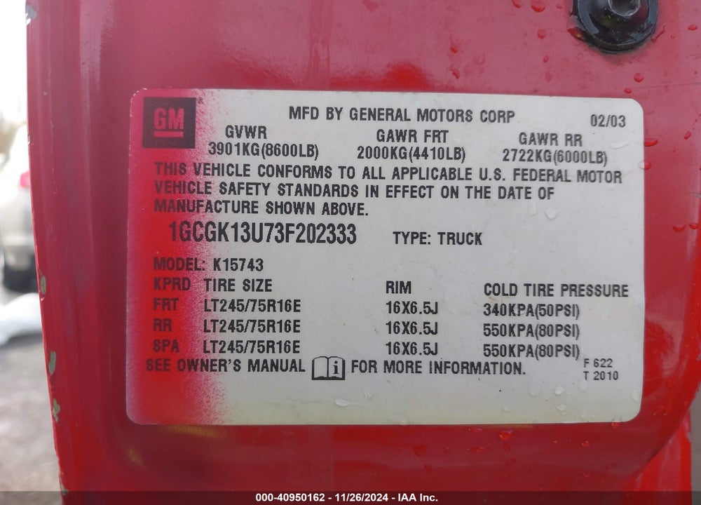2003 CHEVROLET SILVERADO 1500HD LT VIN: 1GCGK13U73F202333