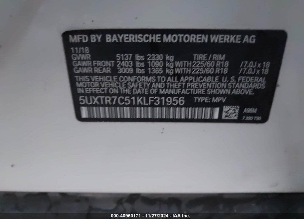 2019 BMW X3 SDRIVE30I VIN: 5UXTR7C51KLF31956