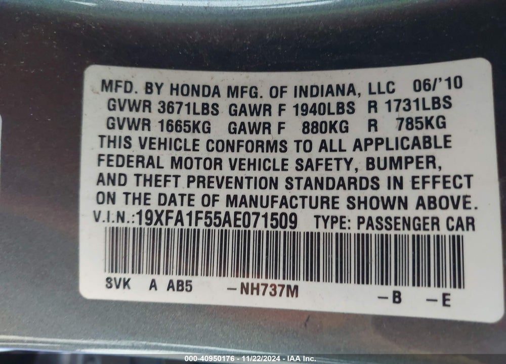 2010 HONDA CIVIC LX VIN: 19XFA1F55AE071509