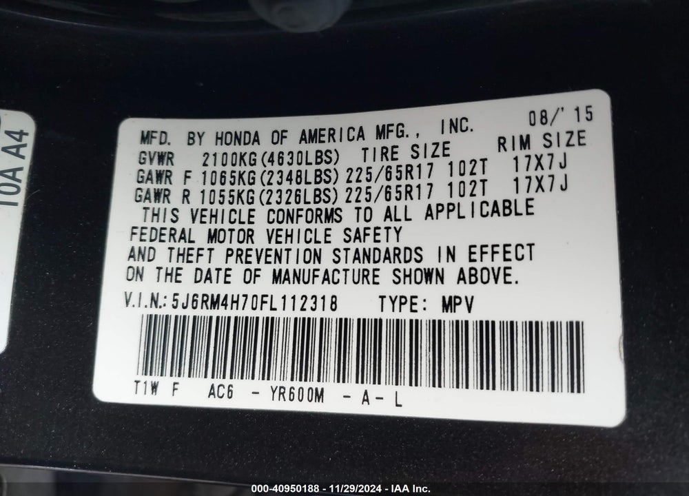 2015 HONDA CR-V EX-L VIN: 5J6RM4H70FL112318