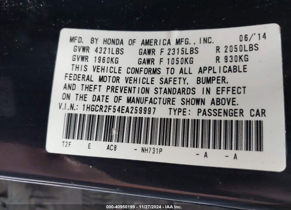 2014 HONDA ACCORD SPORT VIN: 1HGCR2F54EA259997