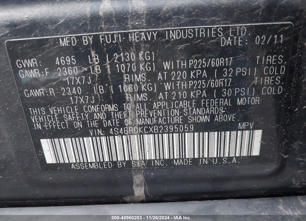 2011 SUBARU OUTBACK 3.6R LIMITED VIN: 4S4BRDKCXB2395059