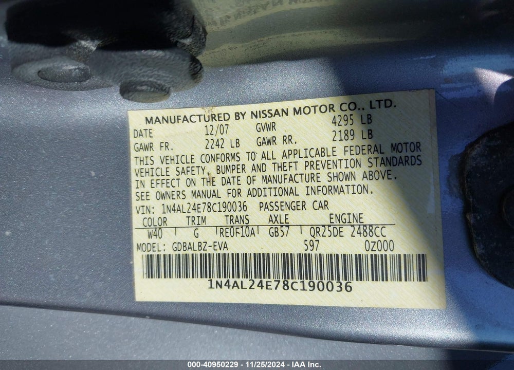 2008 NISSAN ALTIMA 2.5 S VIN: 1N4AL24E78C190036