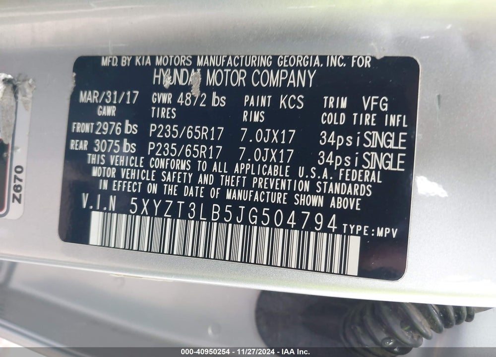 2018 HYUNDAI SANTA FE SPORT 2.4L VIN: 5XYZT3LB5JG504794