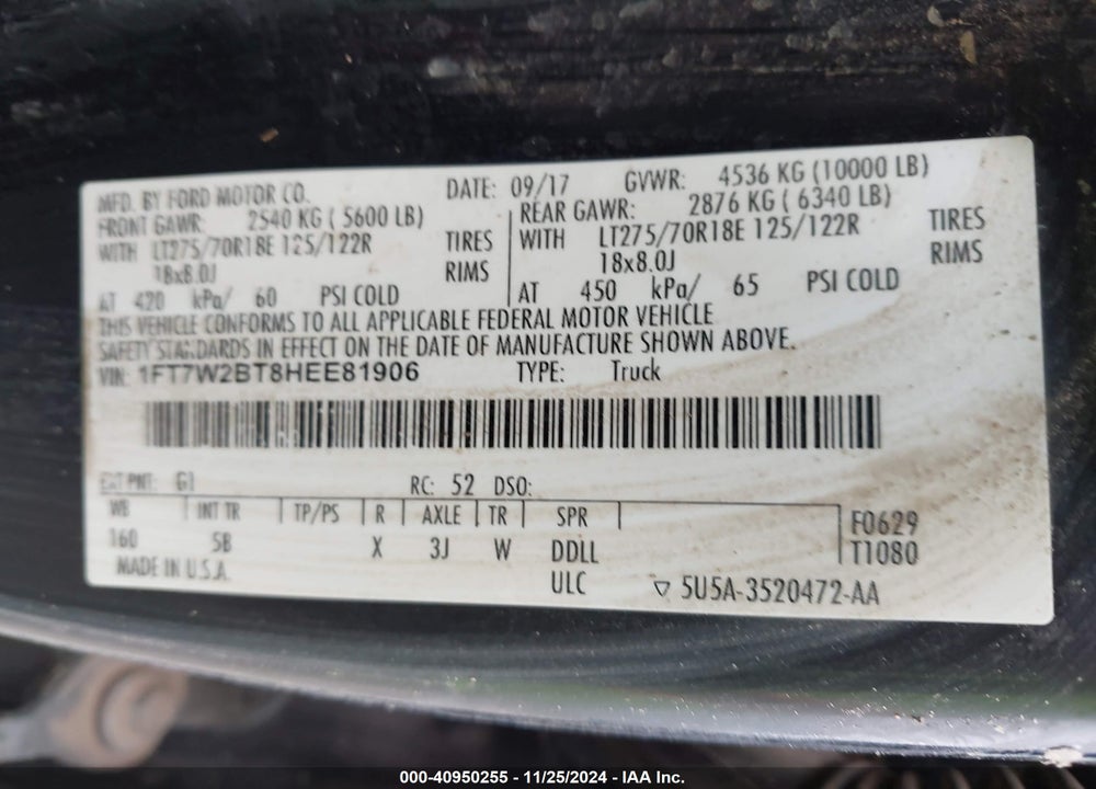 2017 FORD F-250 VIN: 1FT7W2BT8HEE81906