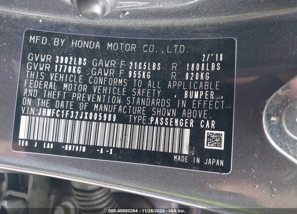 2018 HONDA CIVIC EX-T VIN: JHMFC1F32JX005989