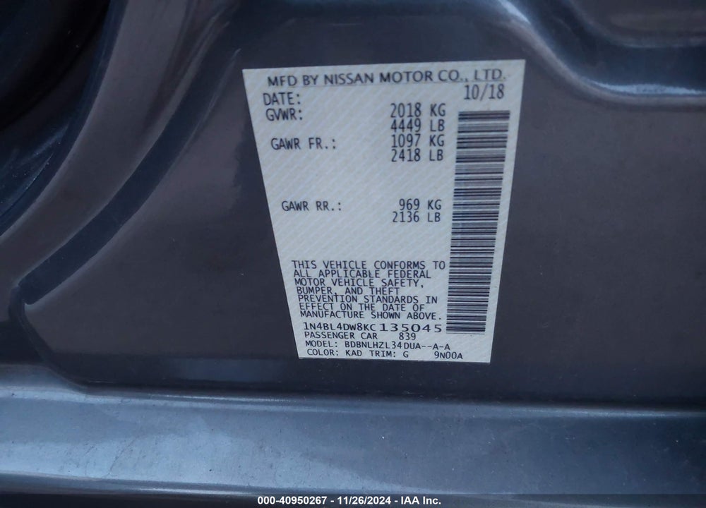 2019 NISSAN ALTIMA 2.5 SV VIN: 1N4BL4DW8KC135045