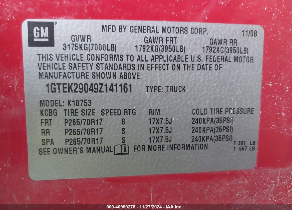 2009 GMC SIERRA VIN: 1GTEK29049Z141161