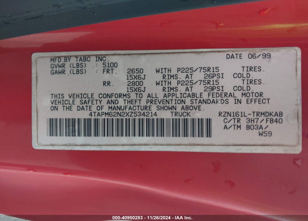 1999 TOYOTA TACOMA VIN: 4TAPM62N2XZ534214