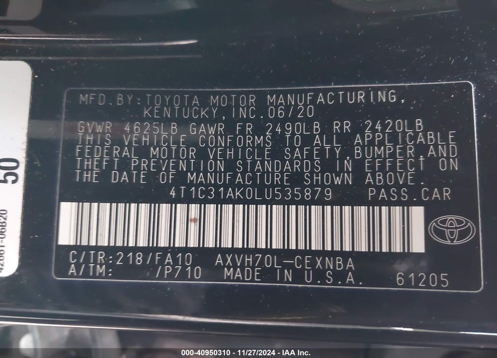 2020 TOYOTA CAMRY LE HYBRID VIN: 4T1C31AK0LU535879