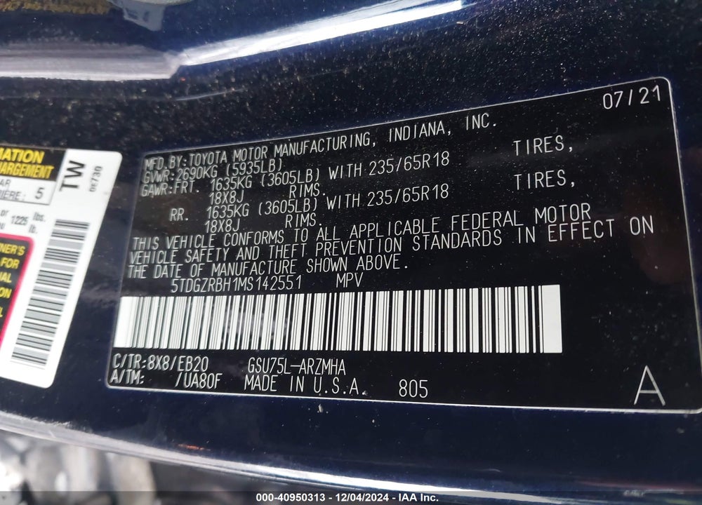 2021 TOYOTA HIGHLANDER XLE VIN: 5TDGZRBH1MS142551