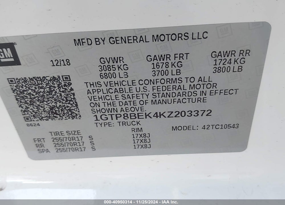 2019 GMC SIERRA 1500 SLE VIN: 1GTP8BEK4KZ203372