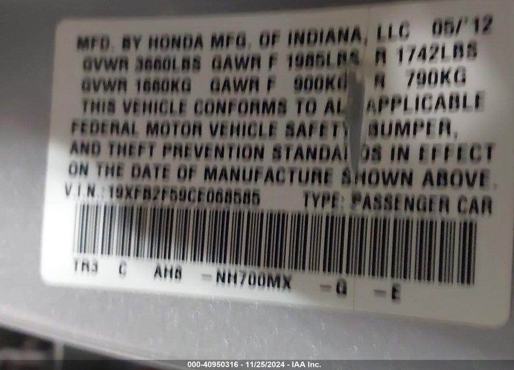 2012 HONDA CIVIC LX VIN: 19XFB2F59CE068585