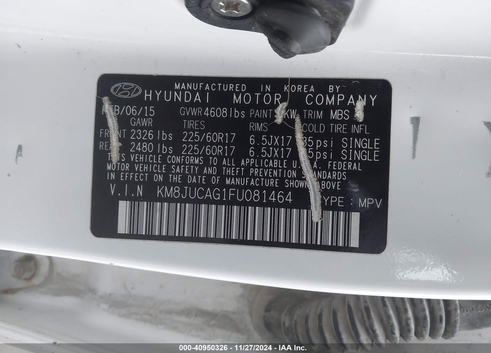 2015 HYUNDAI TUCSON SE VIN: KM8JUCAG1FU081464