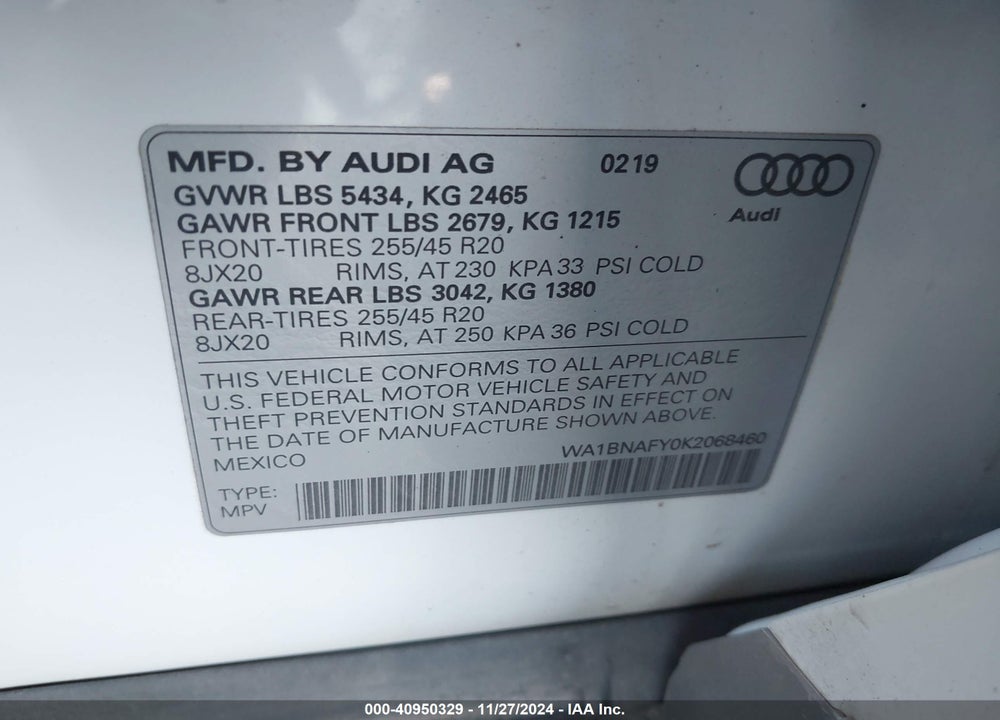 2019 AUDI Q5 45 PREMIUM VIN: WA1BNAFY0K2068460
