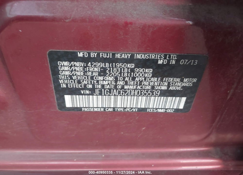 2013 SUBARU IMPREZA 2.0I PREMIUM VIN: JF1GJAC62DH035539