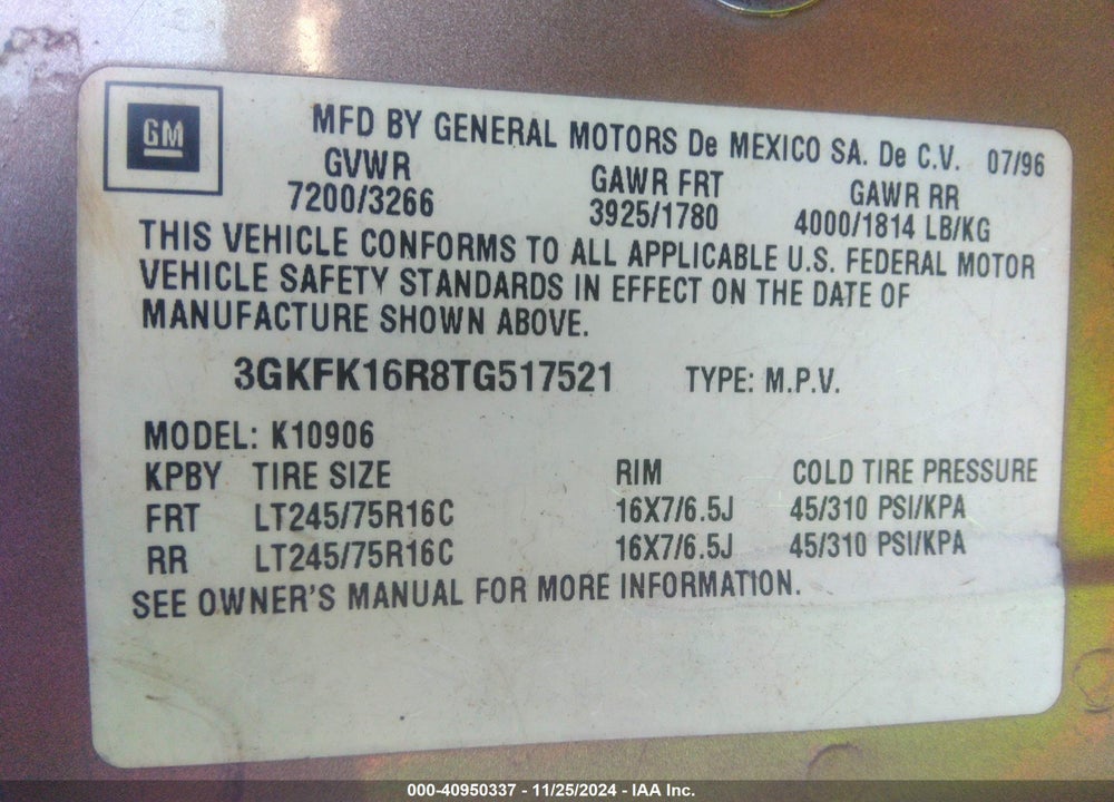 1996 GMC SUBURBAN K1500 VIN: 3GKFK16R8TG517521