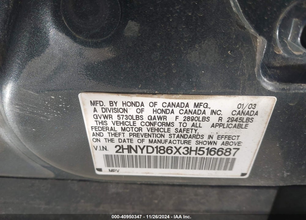 2003 ACURA MDX VIN: 2HNYD186X3H516687
