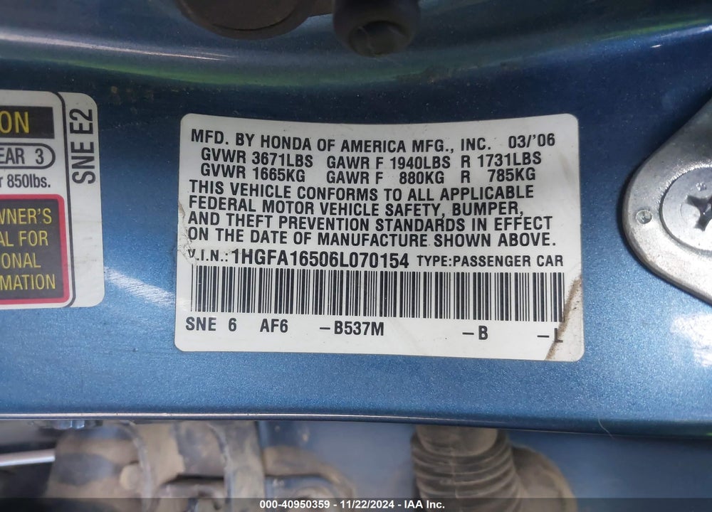 2006 HONDA CIVIC LX VIN: 1HGFA16506L070154
