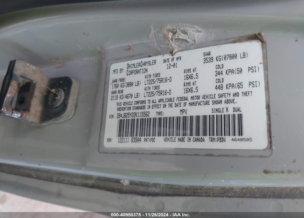2002 DODGE RAM WAGON 2500 VIN: 2B4JB25Y22K115562