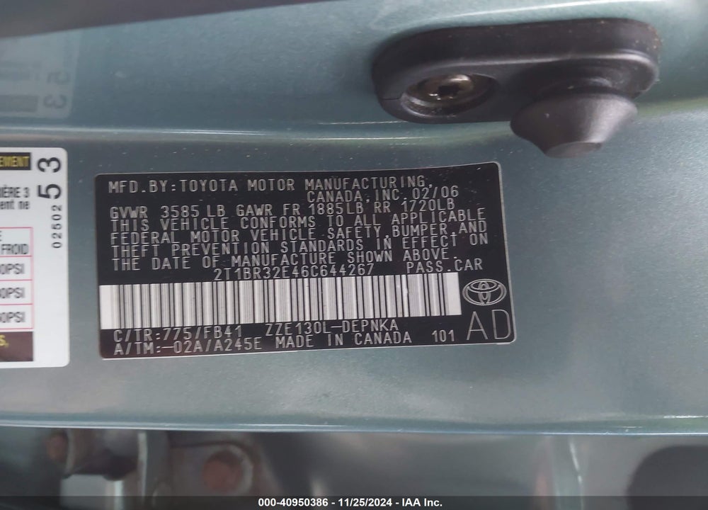 2006 TOYOTA COROLLA LE VIN: 2T1BR32E46C644267