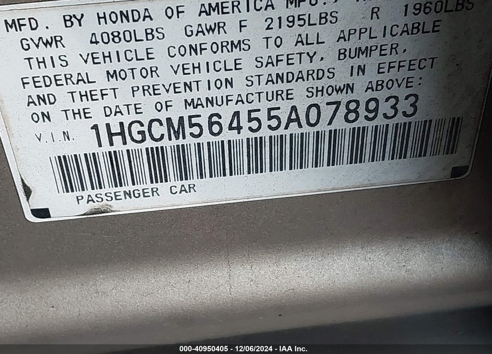 2005 HONDA ACCORD 2.4 LX VIN: 1HGCM56455A078933