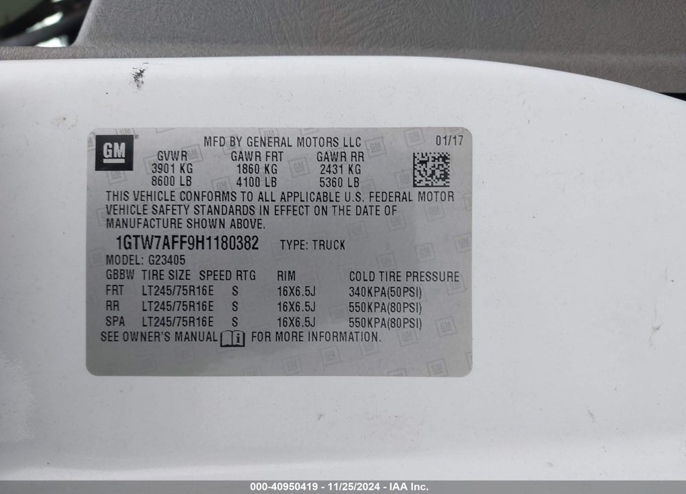 2017 GMC SAVANA 2500 WORK VAN VIN: 1GTW7AFF9H1180382
