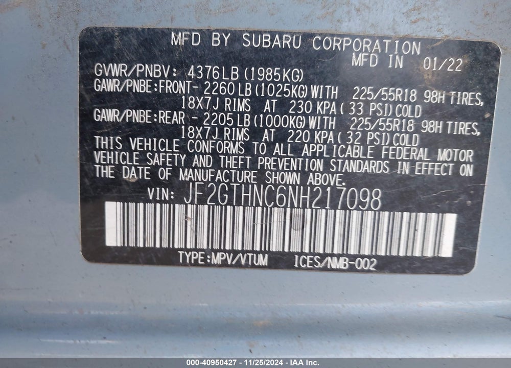 2022 SUBARU CROSSTREK LIMITED VIN: JF2GTHNC6NH217098