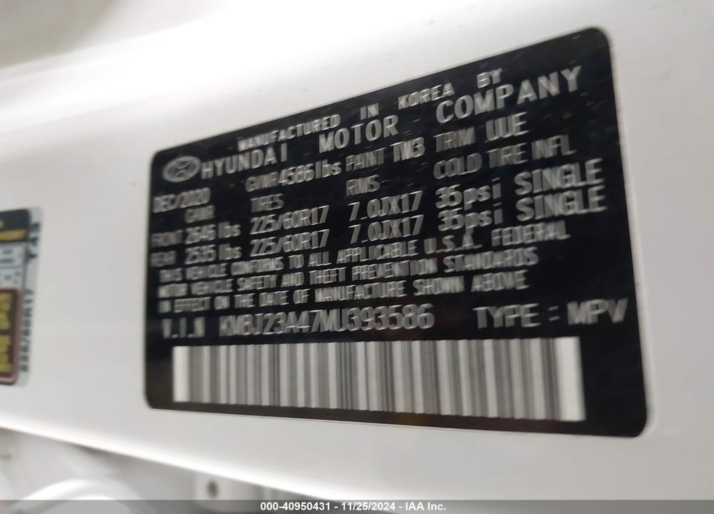2021 HYUNDAI TUCSON VIN: KM8J23A47MU393586