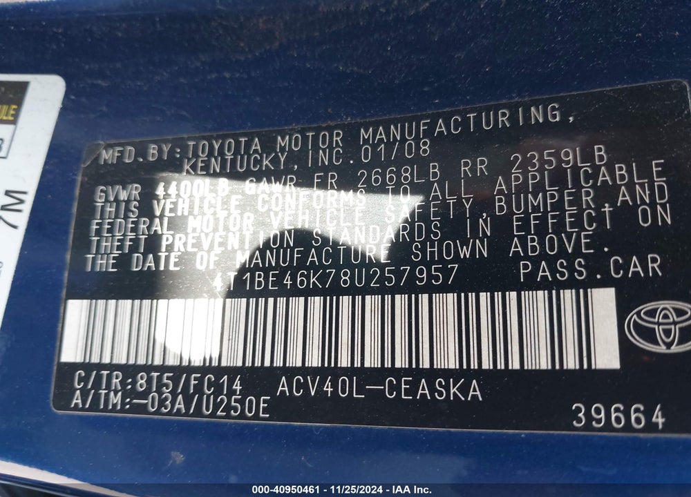 2008 TOYOTA CAMRY SE VIN: 4T1BE46K78U257957