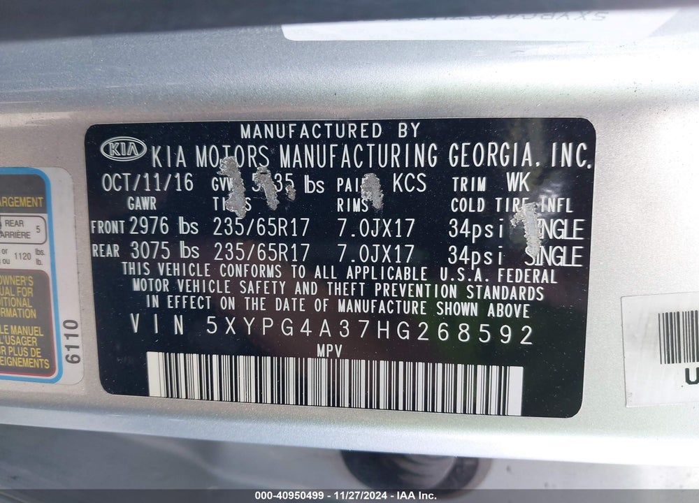 2017 KIA SORENTO 2.4L LX VIN: 5XYPG4A37HG268592