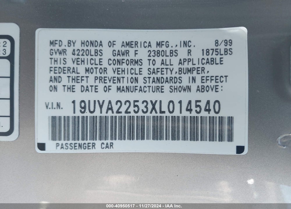 1999 ACURA CL 3.0 VIN: 19UYA2253XL014540