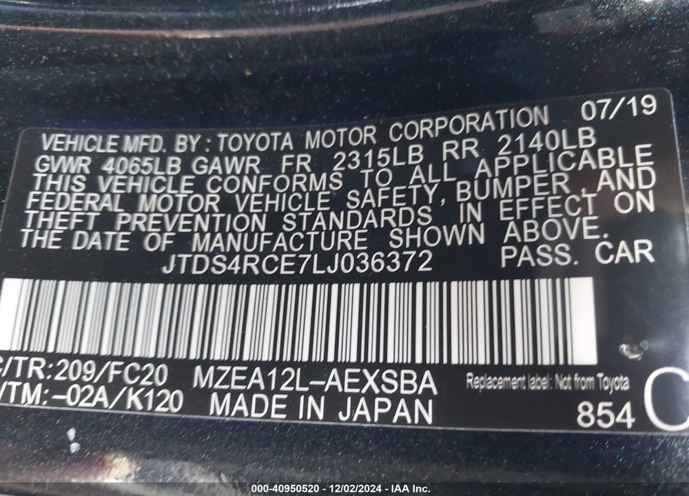2020 TOYOTA COROLLA SE VIN: JTDS4RCE7LJ036372