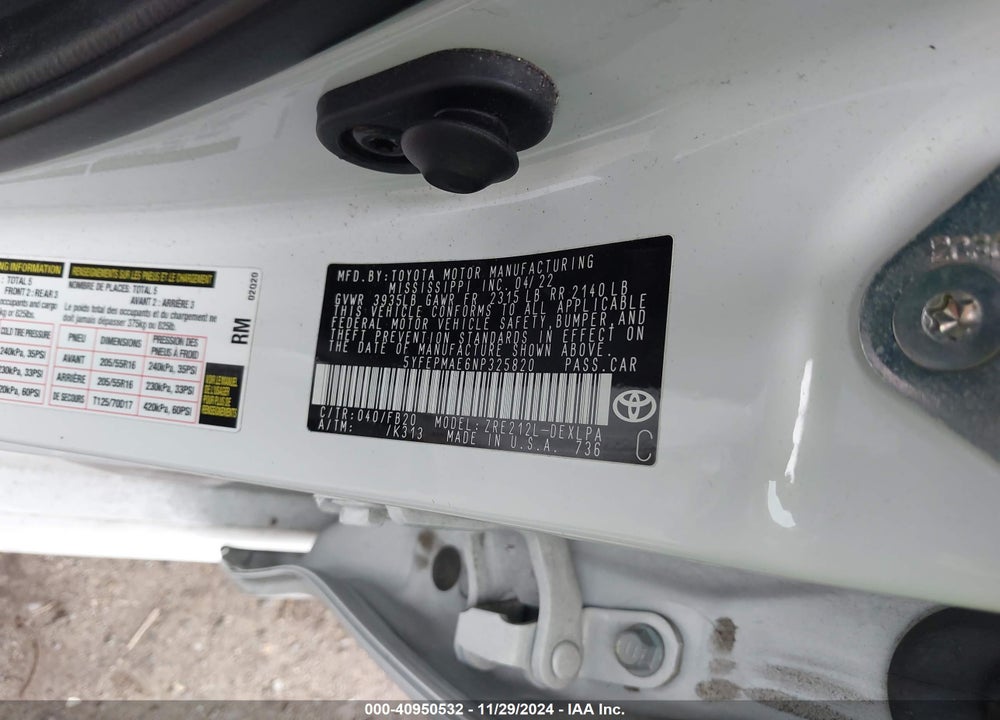 2022 TOYOTA COROLLA LE VIN: 5YFEPMAE6NP325820