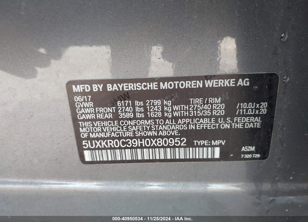 2017 BMW X5 XDRIVE35I VIN: 5UXKR0C39H0X80952