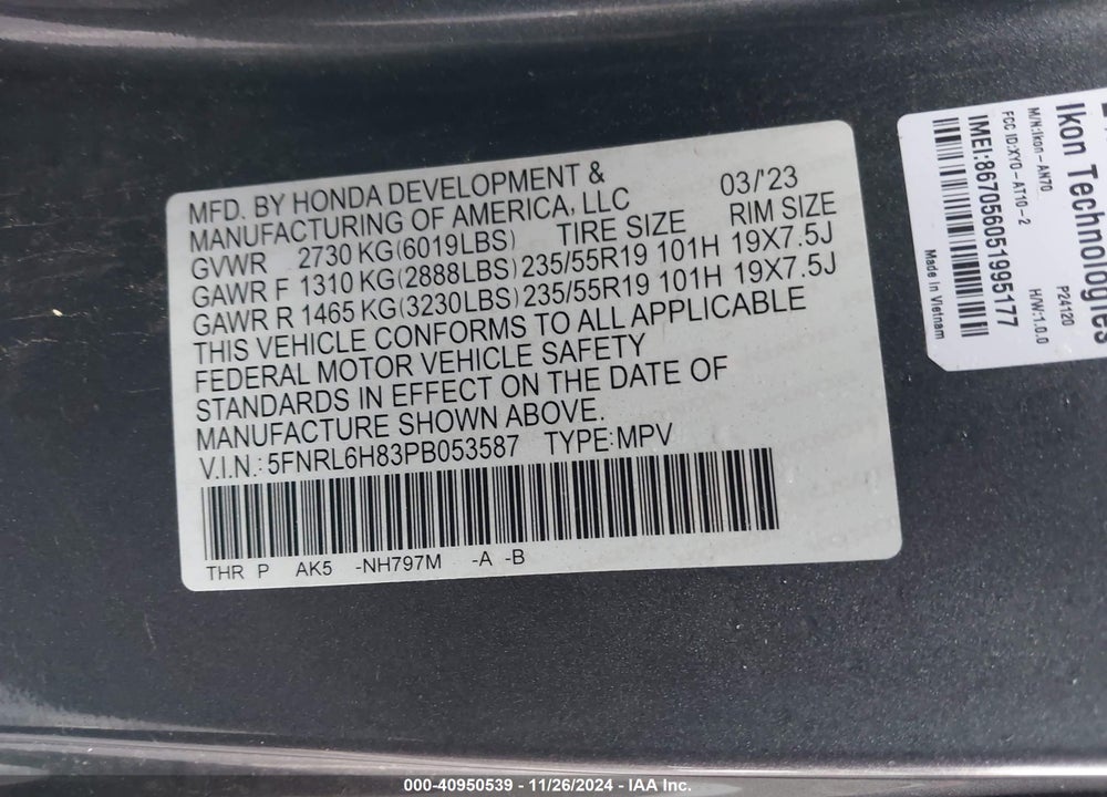 2023 HONDA ODYSSEY TOURING VIN: 5FNRL6H83PB053587