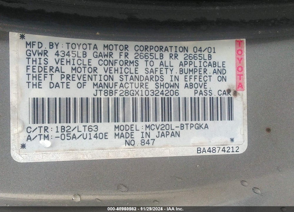 2001 LEXUS ES 300 BASE (A4) VIN: JT8BF28GX10324206