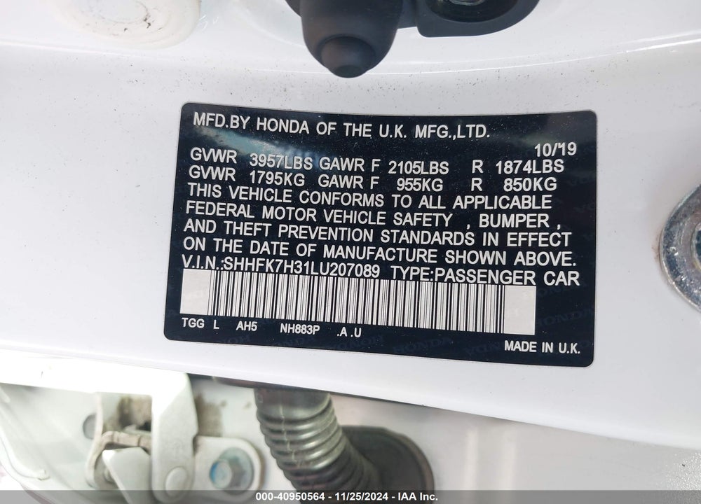 2020 HONDA CIVIC LX VIN: SHHFK7H31LU207089