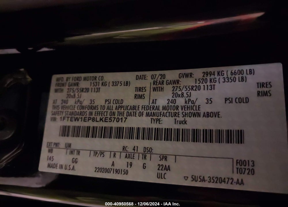 2020 FORD F-150 XL VIN: 1FTEW1EP8LKE57017