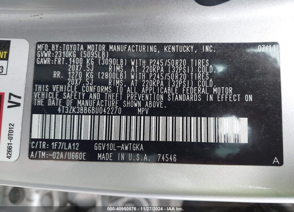 2011 TOYOTA VENZA VIN: 4T3ZK3BB6BU042270