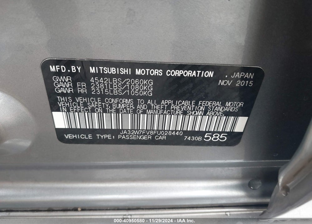 2015 MITSUBISHI LANCER EVOLUTION FINAL EDITION VIN: JA32W7FV8FU028440