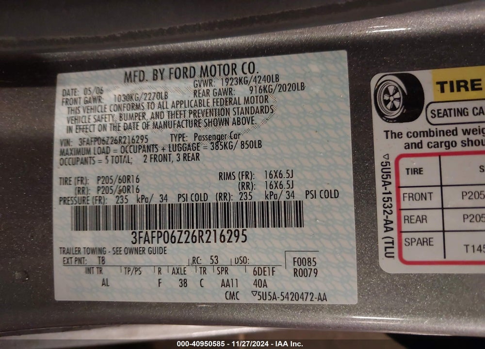 2006 FORD FUSION S VIN: 3FAFP06Z26R216295