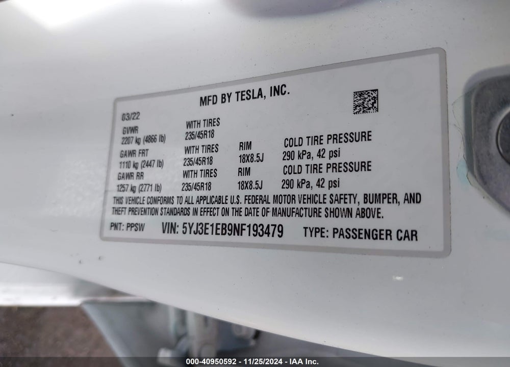 2022 TESLA MODEL 3 LONG RANGE DUAL MOTOR ALL-WHEEL DRIVE VIN: 5YJ3E1EB9NF193479