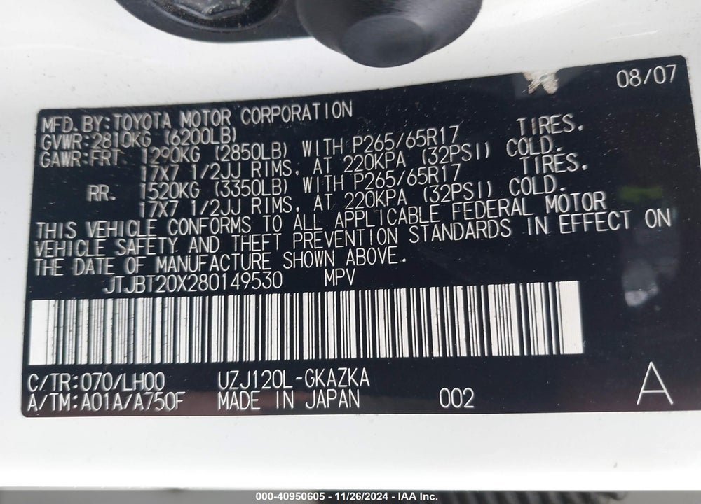 2008 LEXUS GX 470 VIN: JTJBT20X280149530
