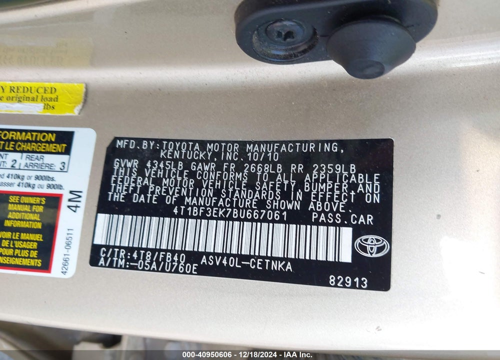 2011 TOYOTA CAMRY LE VIN: 4T1BF3EK7BU667061