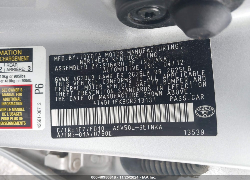 2012 TOYOTA CAMRY LE VIN: 4T4BF1FK9CR213131