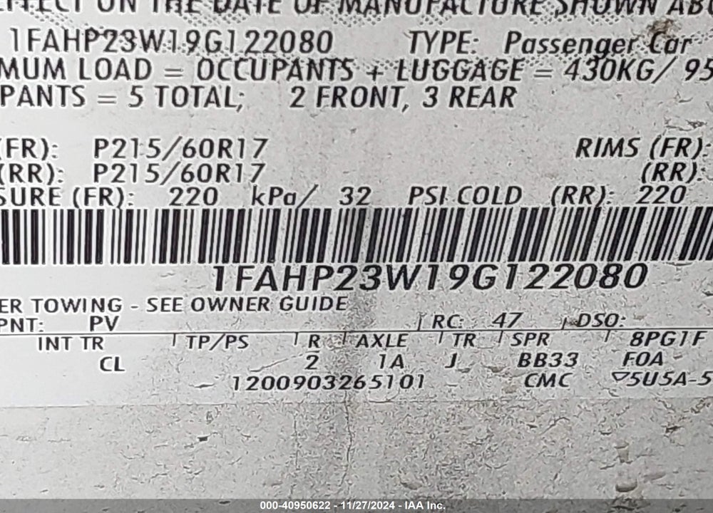 2009 FORD TAURUS SE VIN: 1FAHP23W19G122080