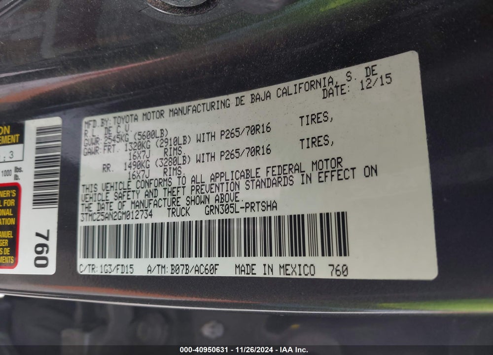 2016 TOYOTA TACOMA TRD OFF ROAD VIN: 3TMCZ5AN2GM012734